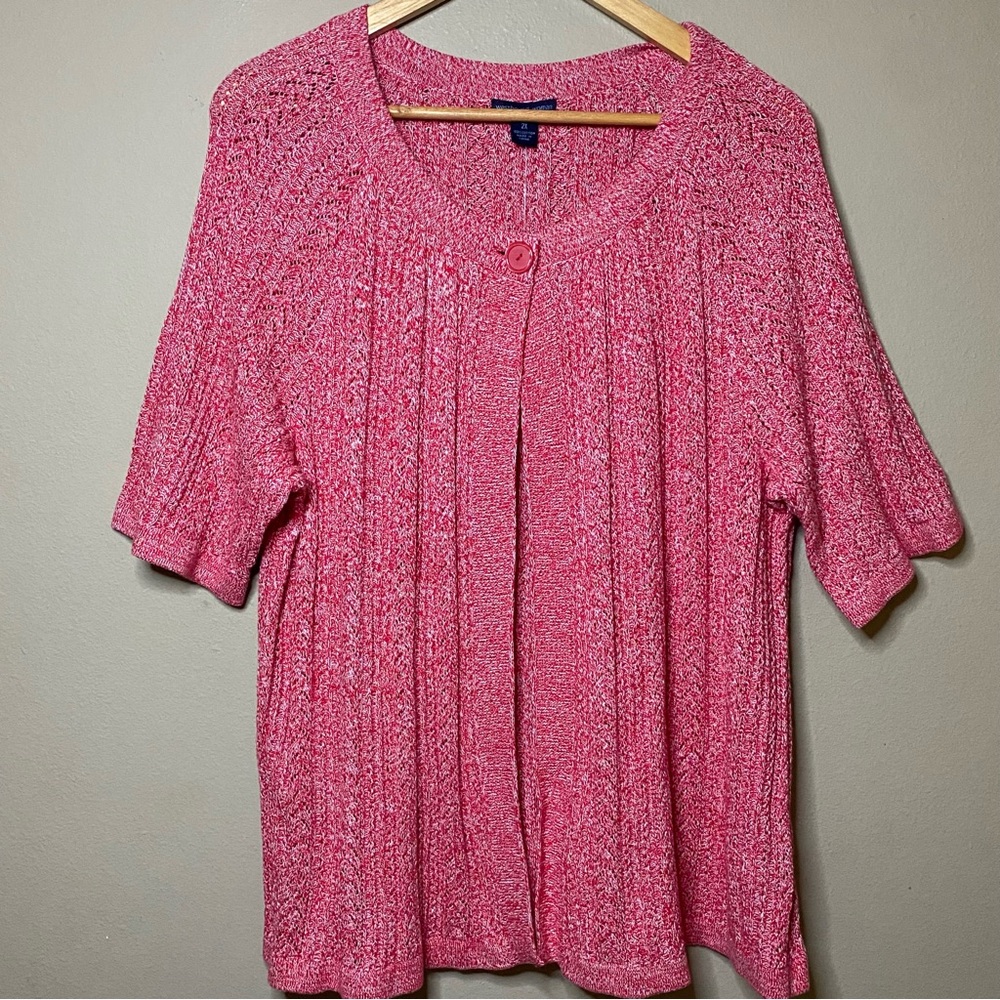 Westbound Knit Sweater Women 2X Red White Short Sleeve One Upper Button New